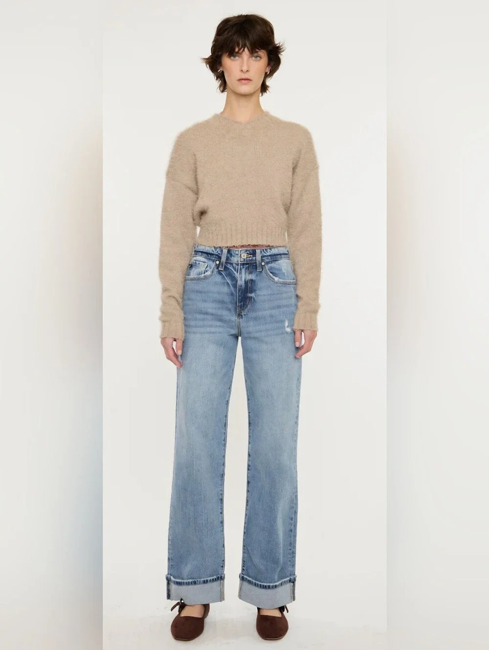 KanCan High Rise Medium Wash Wide Leg Jeans Cuffed Denim Stretch Trendy 1/24 NEW